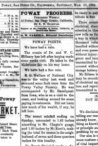 Poway Progress, page 1, March 10, 1894