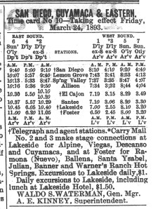 San Diego, Cuyamaca and Eastern schedule