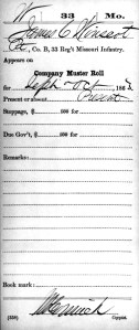 James C Winscott civil war muster roll card